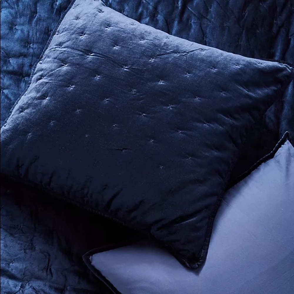 Anthropologie Velvet Royal Blue Cross-Stitched Two Euro Shams